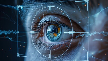 Futuristic digital eye scan with biometric interface, high-tech security identification concept featuring cyber technology and artificial intelligence visuals
