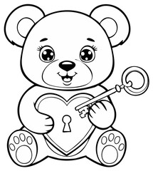Obraz premium Cute Teddy Bear Holding Heart Lock and Key for Coloring Book Illustration