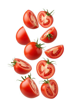 Fresh, ripe, vibrant red tomato halves and slices with juicy textures and green stems captured mid-air against a smooth transparent studio background, concept for healthy food advertising