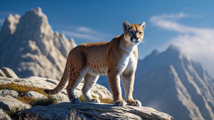 Majestic mountain lion surveys the landscape from a rocky perch under a blue sky