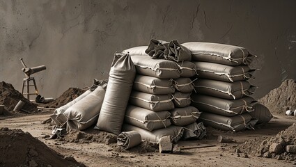 Stacked sandbags at a construction site, ready for use in building projects