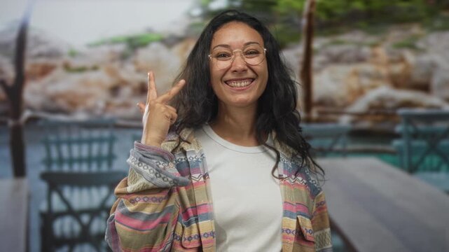 Woman smiling and giving thumbs up at seaside deck with outdoor tables, wearing glasses and patterned cardigan; joy positivity.
