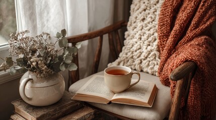 A cozy nook invites relaxation with a warm cup of tea a favorite book and soft textiles perfect for a peaceful afternoon.
