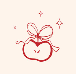 Minimal red illustration of apple with tied bow and elegant lines and sparkles in vintage style. Element is perfect for greeting cards, invitations, print, wedding, tattoo, packaging, advertising
