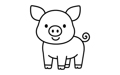 Obraz premium Cute pig outline with curl tail and smiling face on white background