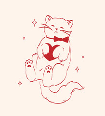 Minimal red lineart illustration of a cute cat holds heart with elegant lines and sparkles in vintage style. Element is perfect for greeting cards, invitations, print, wedding, packaging, advertising