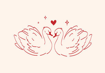 Minimal red lineart illustration of a pair swan with elegant lines and sparkles in vintage style. Element is perfect for greeting cards, invitations, print, wedding. © norrhin