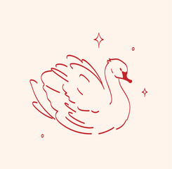 Minimal red lineart illustration of a swan with elegant lines and sparkles in vintage style. Element is perfect for greeting cards, invitations, prints, tattoos. © norrhin