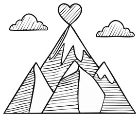 Linear illustration of mountain peaks topped with a heart and accompanied by clouds in sketch style