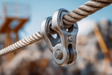 Close-up of zip line pulley system in motion, crisp details of metal and rope, shallow depth of field
