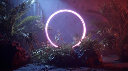 Luminous circle in jungle, plants glowing with neon light