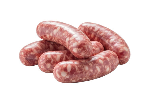 Three to five fresh pork sausages, natural casing, marbled pink and white meat, casually piled on a transparent background with soft shadow and copy space, fresh meat product concept