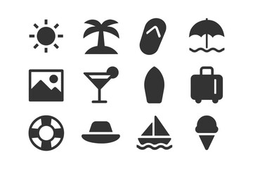 Fototapeta premium Summer vacation icons: sun, palm tree, beach, travel, and more.