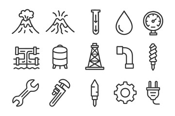 Industrial icons set: volcano, oil rig, tools, and engineering symbols.