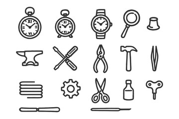 Vintage watchmaking tools and icon set with various mechanical instruments.