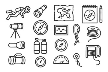 Fototapeta premium Outdoor adventure equipment icons: compass, map, flashlight, and gear collection.