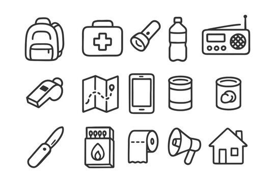 Essential emergency kit icons: backpack, first aid, flashlight, water, radio, map, food.