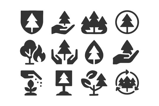 Environment conservation icons: trees, hands, nature symbols for sustainability. - Powered by Adobe