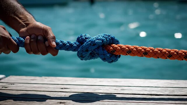 Hands pulling knotted blue and orange rope over water