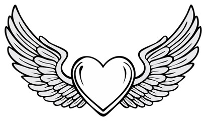 Obraz premium Winged heart with angel wings vector illustration simple black and white line art icon