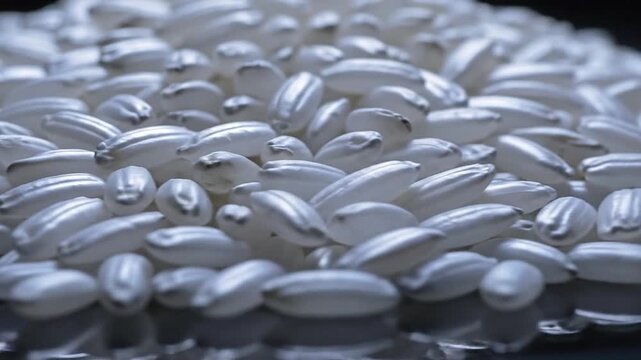 Under bright led, the macro shot of rice grains captures the shine and hardness of polished seed sha 120