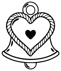 Obraz premium Romantic bell with a heart symbol and rope border line art illustration