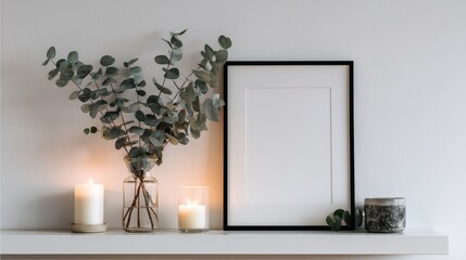 Minimalist Black Frame on White Shelf with Eucalyptus