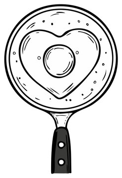 Doodle style heart shaped fried egg in a frying pan breakfast illustration