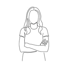  Single line drawing shows woman standing with crossed arms. Modern outline art for business branding, graphic design, and lifestyle concepts. Clean vector format