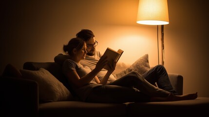 Cozy Evening Reading Together on a Couch with Soft Lighting