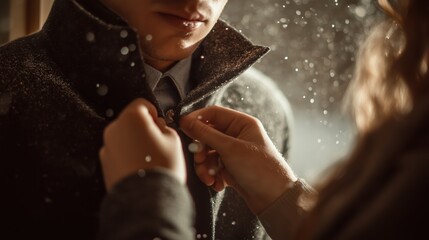 Romantic Winter Scene: Close-up of Buttoning a Man's Coat with Snow