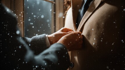 Person Buttoning Up Coat in Snowy Winter Scene
