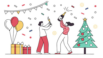 Happy birthday girl card with cartoon children having fun at a winter party celebration with a gift box and fashion hats