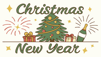 Merry Christmas and Happy New Year greeting card vector design with decorated winter tree illustration