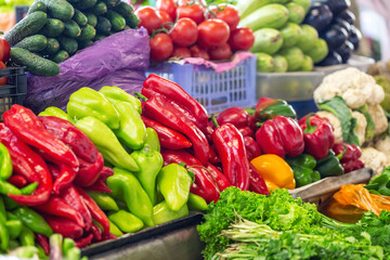Fresh peppers and other vegetables at the Osh Bazaar in Bishkek, Kyrgyzstan