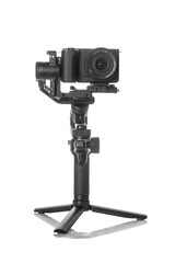Steadycam or stabilizer with a camera isolated on white background. Equipment for the videographer.
