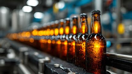 Bottles of beer on an assembly line in a brewery during production