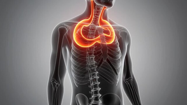 Anatomical visualization of the human thorax with highlighted clavicle, sternum, and upper ribs.