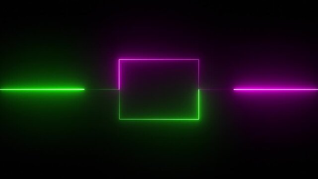 pink and green neon lights digital animation, Rectangular flashing vapor effect Animation. vapor smoke Gradually Appearing in A rectangle Frame. Glowing neon line light Black Background .