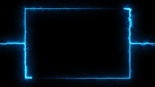 live streaming neon text frame animation. Neon glowing blue vaporwave color square rectangle picture frame icon animation border frame shape rotating display screen. on a black background 