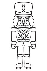 Christmas coloring page for kids featuring nutcracker soldier in uniform, perfect for festive holiday activities. black outline on white background, vertical orientation