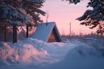 Cozy A-frame cabin in snowy landscape