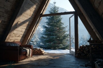 Cozy cabin interior with snowy view