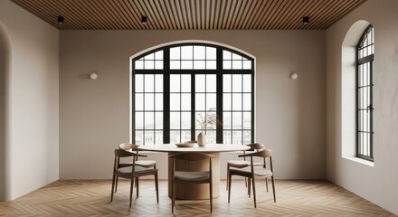 Modern dining room with arched window and wooden table