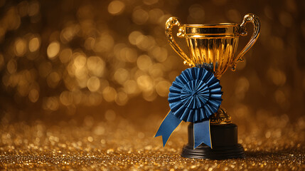 A golden trophy cup with a blue ribbon on a glowing background, representing achievement and recognition in a celebratory atmosphere.