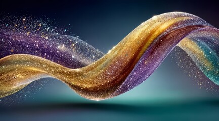 Colorful, swirling line of glittery particles. The colors are purple, gold, and green. The image has a dreamy