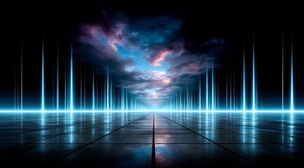 Dark room with a blue sky and clouds. The sky is filled with light blue and purple clouds