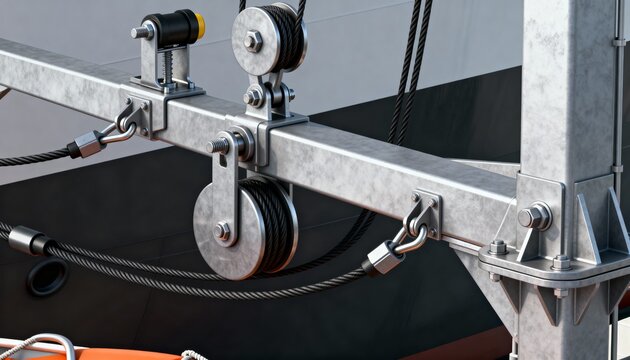 Medium shot focusing on the detailed attachment points and cables of a davit system securing a lifeboat to the ships frame for quick deployment.