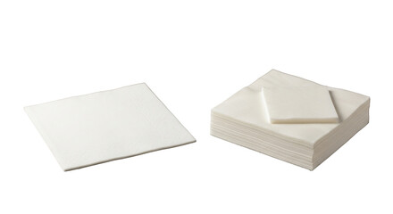 transparent square paper napkin, unfolded on left, stack of folded napkins on right, seamless warm grey-brown background, soft shadowless light, top-down for disposable product branding concept