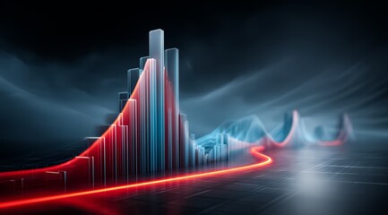 Graph of a city skyline is shown in red and blue. The image has a futuristic and technological feel to it